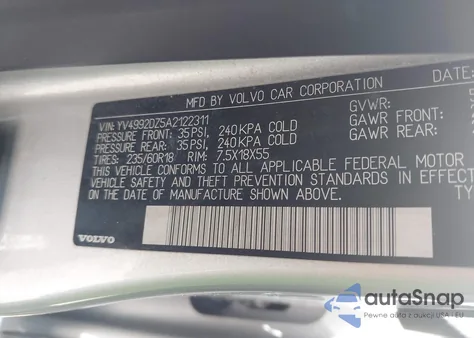 2010 Volvo Xc60 T6/T6 R-Design z USA, uszkodzony, nr VIN YV4992DZ5A2122311